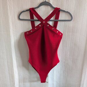 NWOT Zara Red Contouring Stretch Bodysuit Halter Grommets Size Medium